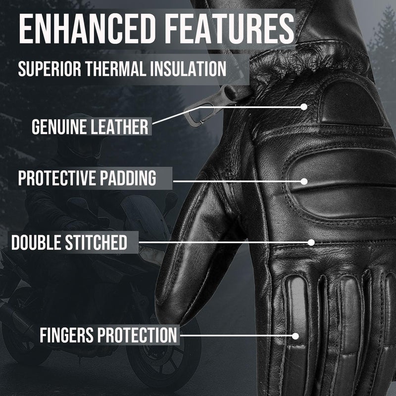 Jackets 4 Bikes Menâ€™s Winter Gauntlet Motorcycle Gloves, 100% Natural Sheep Leather, Thinsulate Thermal Heated Lining, Full Windproof Cold Weather Water Resistant, Reinforced Warm Biker Driving Glove Black XXL - Image 5